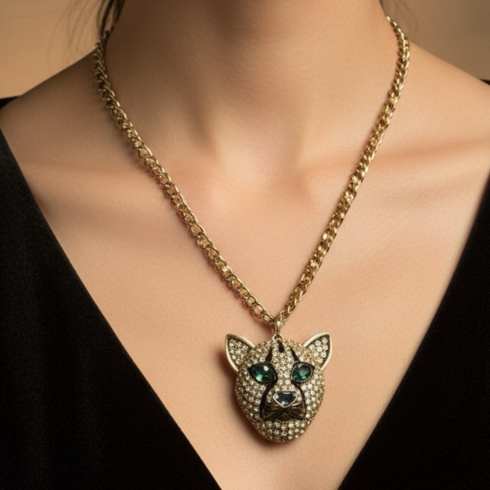 Betsey Johnson HUGE Leopard Panther Cat Head Bronze Crystal Necklace